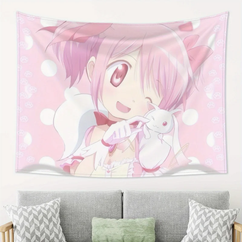 VIKAMA Magic Girl Kleiner runder Wandteppich mit Hirschaugen, rund und mollig, rosa Wellenpunkt-Hintergrundtuch, Anime-Wohnzimmerdekoration