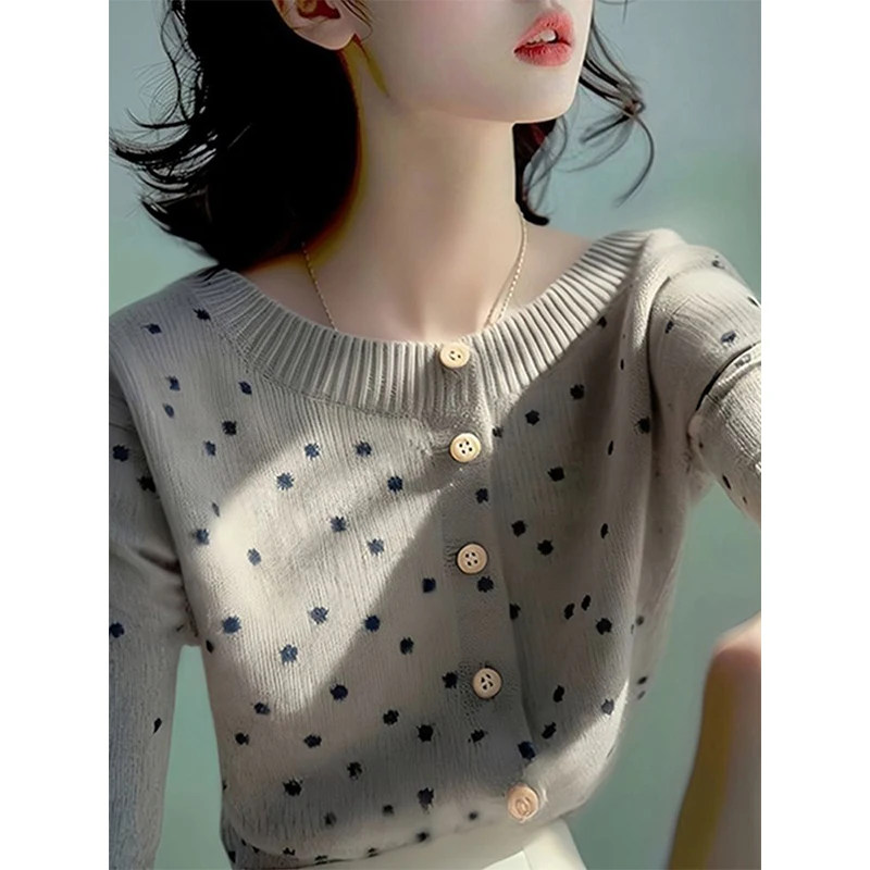 Polka Dot Long Sleeve Knitting Cardigan Coat Women Autumn Winter Slim O-neck Sweater Fashion All-match Office Lady Knitwear Tops