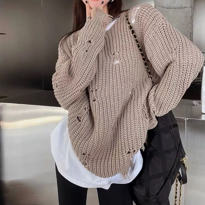 Hand Frayed Hollow Holes Thick Knitted Sweater Tassel Women Korean Warm Pullover Slim Crew O Neck Top Winter Knitwear Jumper