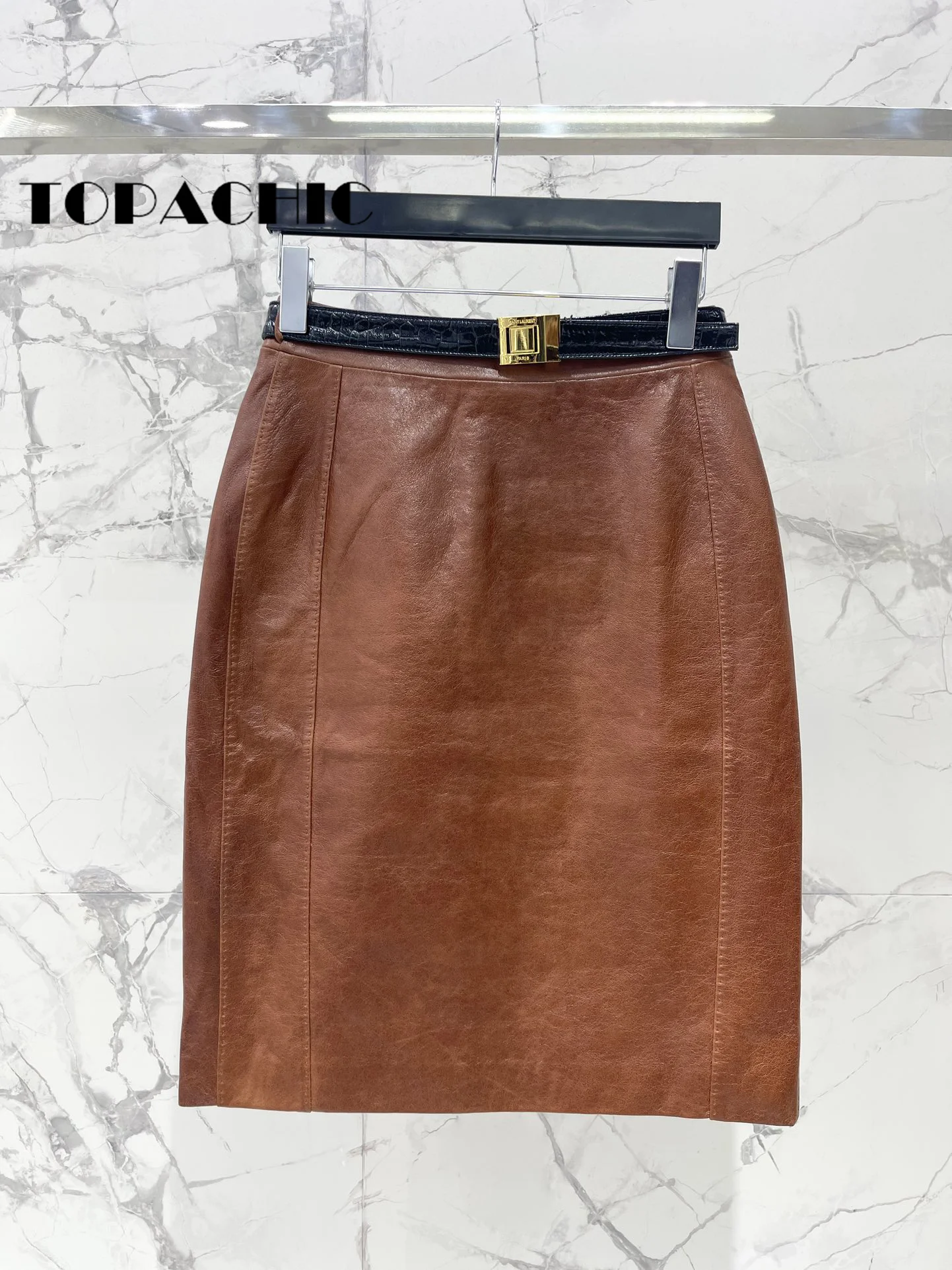 8.4 TOPACHIC-Women\'s High Quality Stitched Genuine Leather Skirt With Gold Belt Fashion All-matches Sheepskin A-Line Skirt