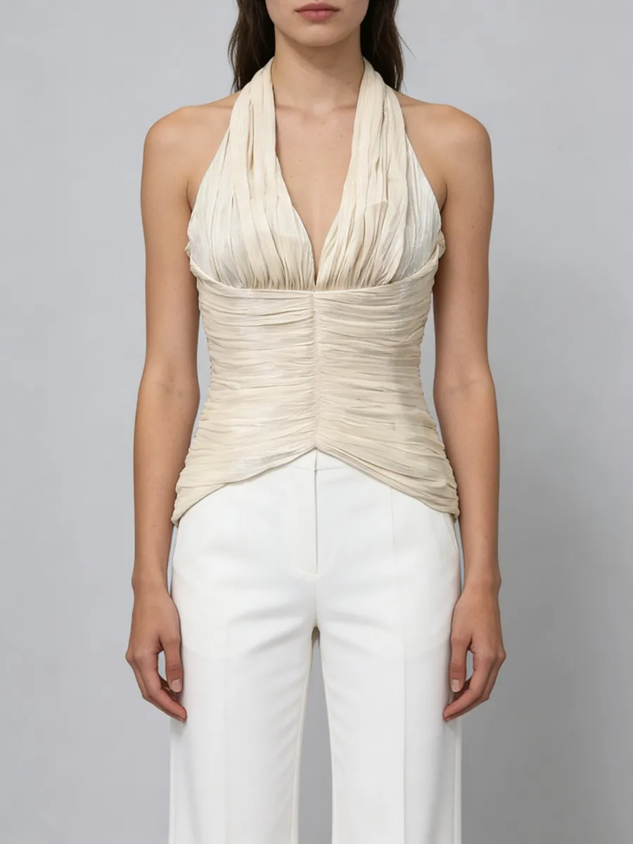 

New Women's Solid Spliced Vest, Slimming Shirring Halter Sleeveless Backless Top, Basics Female Clothing