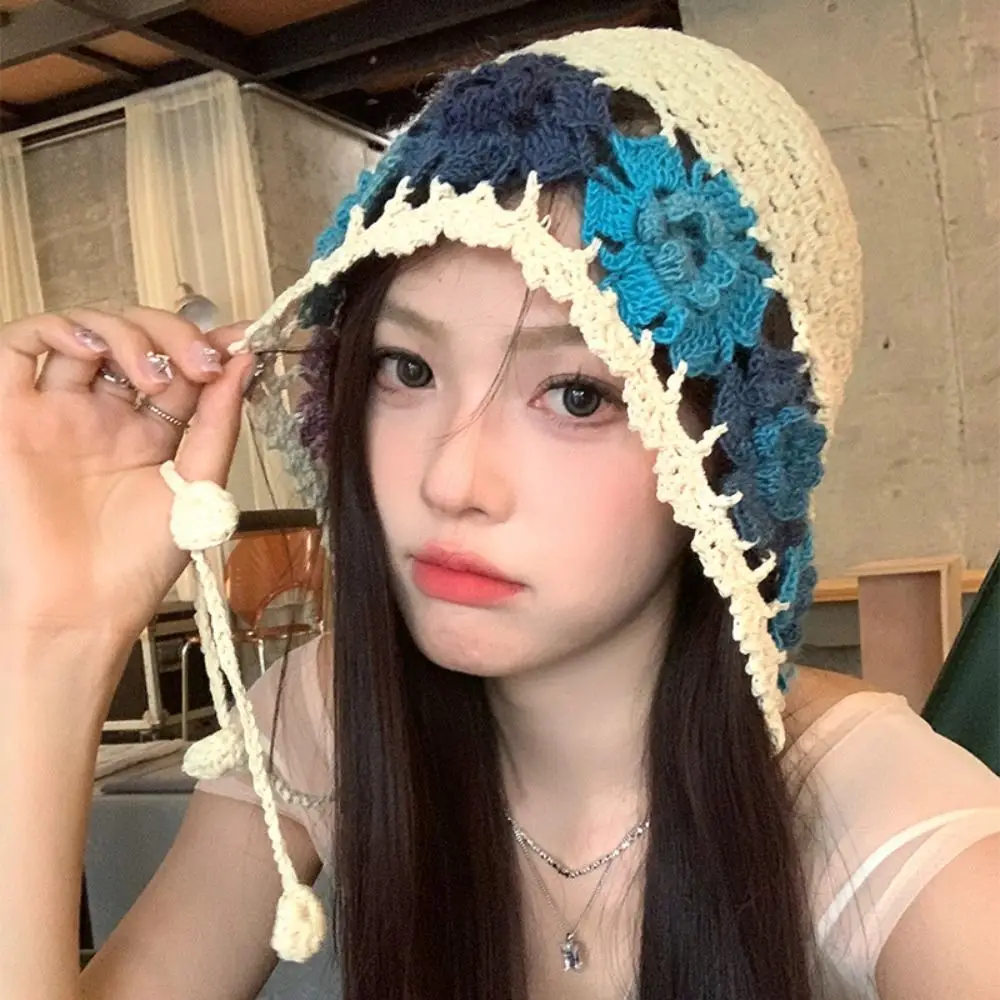 Breathable Hollowed Out Knitted Hat Lace Flowers Beret Cap Summer Casual Skullies Hat for Women