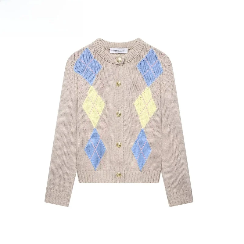 

ZBZR Spring New Women's Faion Classic Versatile Diamond Pattern Knitted Jaet Warm Long Sve round Ne Polyester Fiber