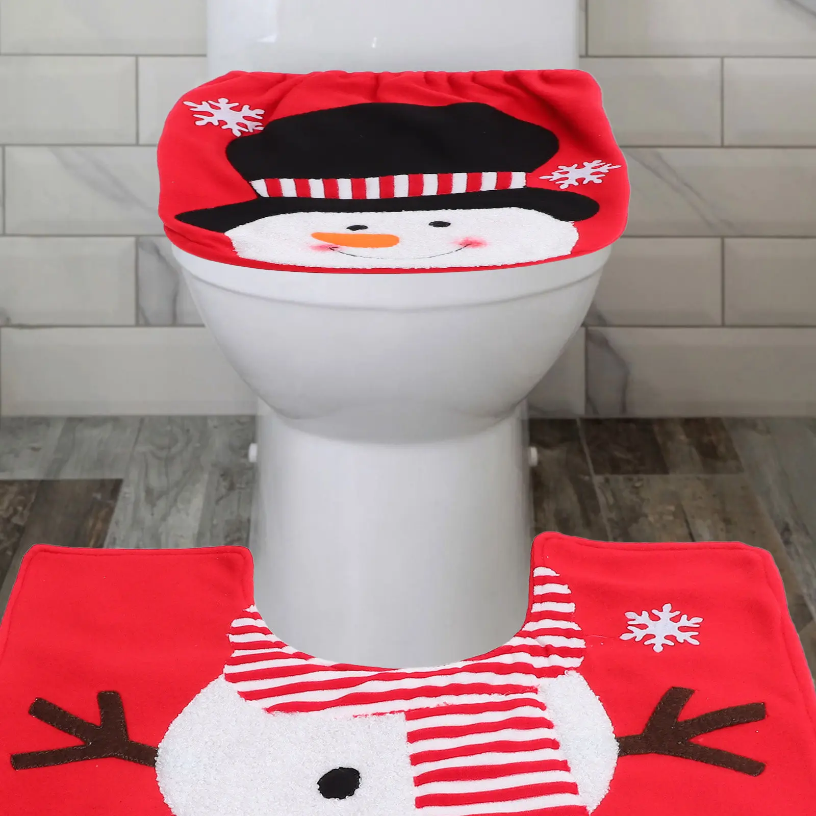

1 Set Xmas Toilet Floor Mat Set Christmas Toilet Lid Protector Decorative Non-Slip Bathroom Rug Snowman Design