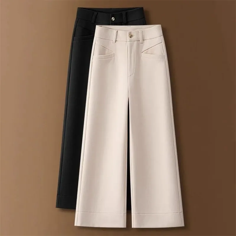 

High Quality Cashmere Woolen Wide Leg Pants For Women Autumn Winter Thicken Warm Casual Ankle-Length Pants Wool Straight Pants