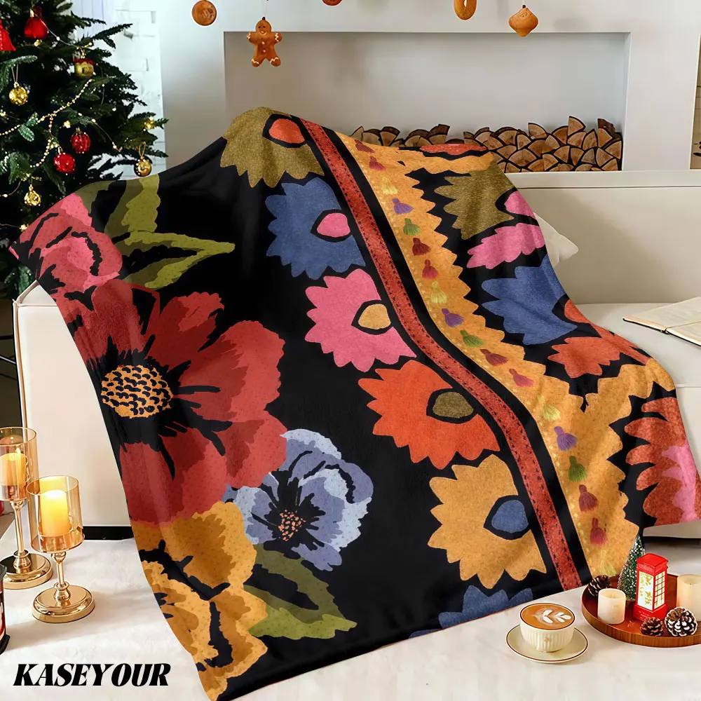 Bohemian Floral Border Winter Summer Flannel Blanket Throw Fleece Soft Fuzzy Plush Cozy Fleece Blankets for Sofa Ideal Gifts