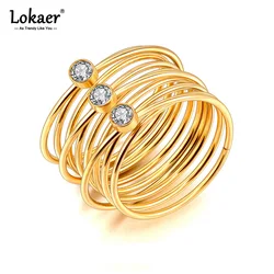 Lokaer Fashion Layered Stainless Steel Finger CZ Wide Ring 18K Gold Color Charms Party Jewelry Waterproof Women Wholesale R24020