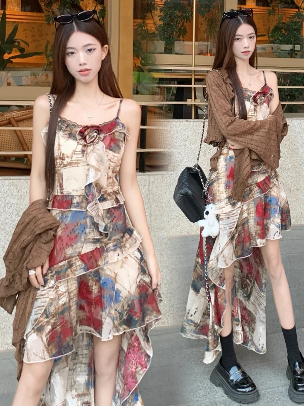 

plus Size Fashion Set Vintage Floral Embroidery Long Skirt Strap Dress Spring Summer New Arrival Elegant Commute Polyester Fiber