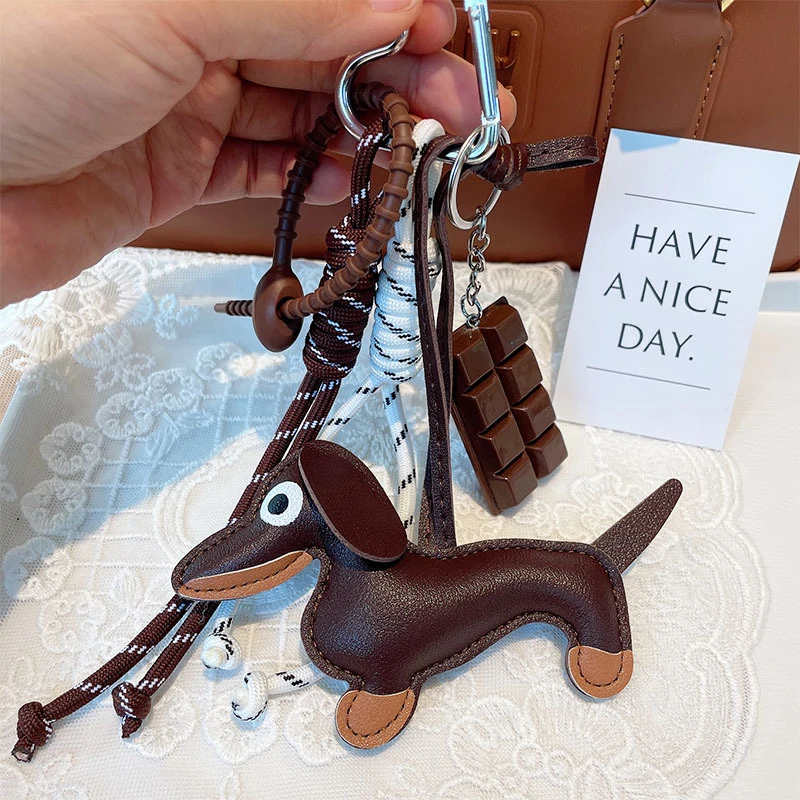 Vintage Dachshund Puppy Car Wiener Dog Keychain Bag Pendant Lanyard Chocolate Braided Rope Accessories Jewelry Trinket Key Ring