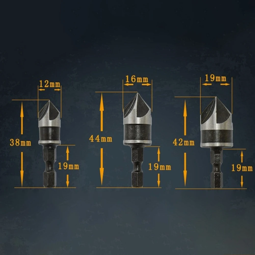 4 pçs 90 graus escareador broca com centro perfurador conjunto 12/16/19mm 5 flauta madeira chanfrada cortador chanfro ferramentas para trabalhar madeira