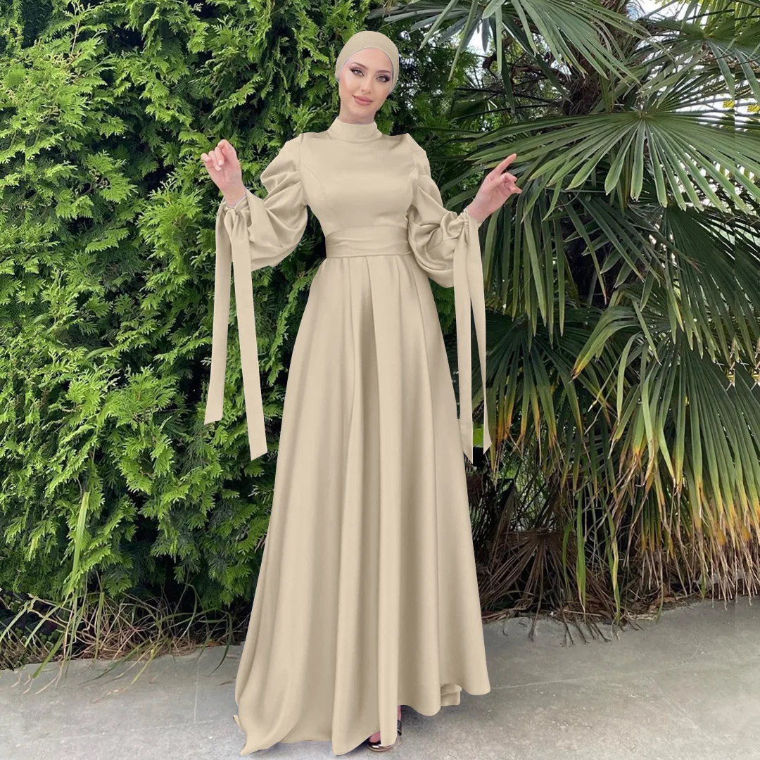 Fashion Women Satin Muslim Dress Hijab Arabic Pleated Abaya Dubai Balloon Sleeve with Ribbon Islamic Dress With belt wy1589