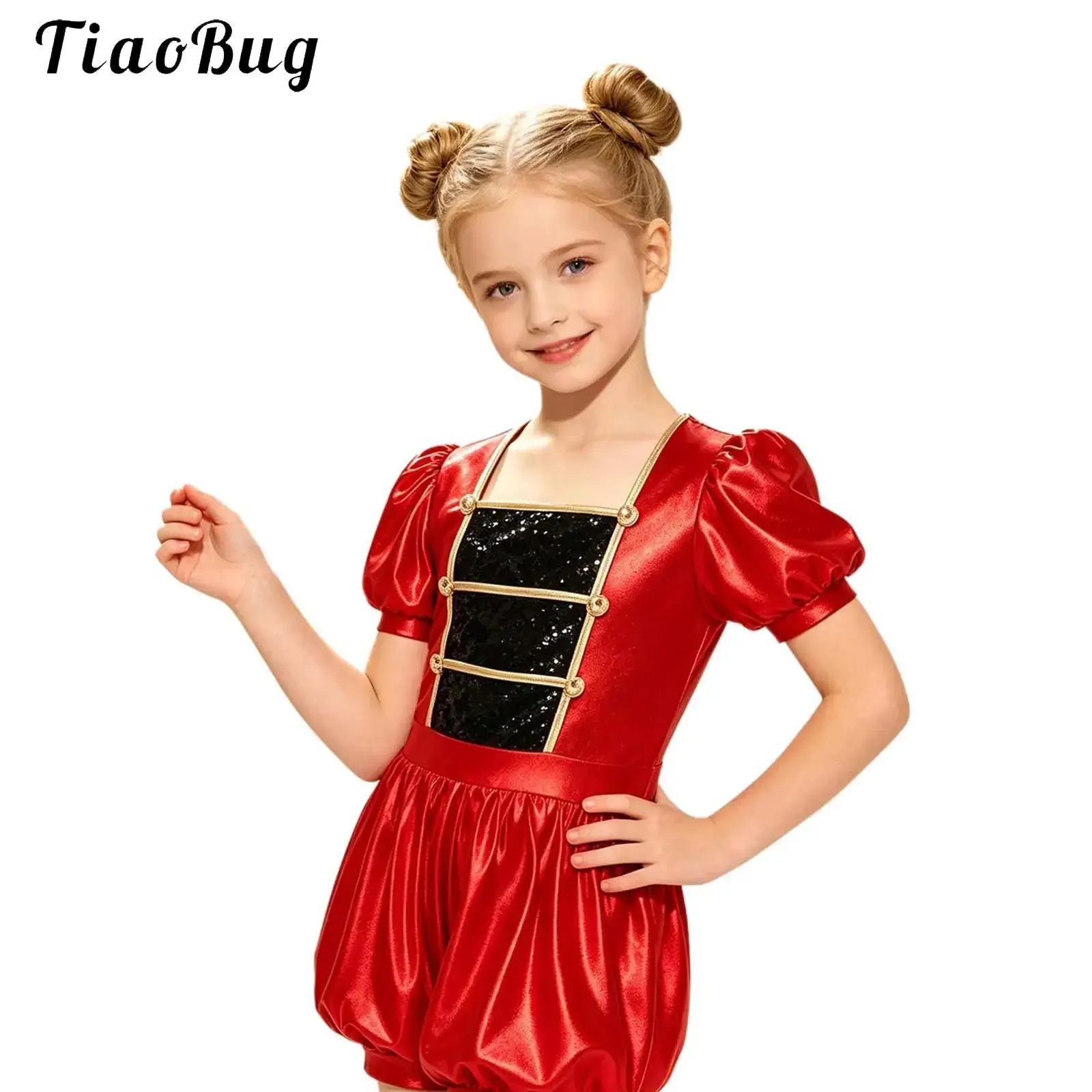 Kids Girls Circus Ringmaster Jumpsuit Short Puff Sleeves Back Zipper Sequins Bodysuit Rompers for Halloween Lion Tamer Costume
