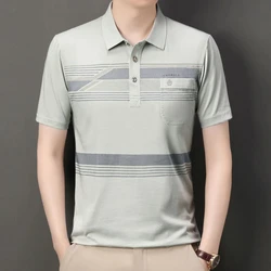 Washed Cotton Short Sleeve Men New Polo Shirts Lapel Casual Business Summer Pocket Thin Stripe Comfortable Loose All-match Tops