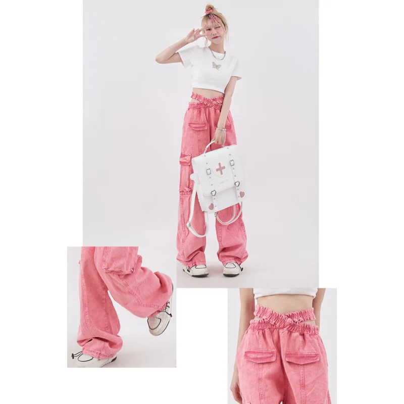 Fashion Brand Women Pink Cargo Pants Casual Straight Wide Leg Jeans Female Hiphop Trouser High Waist Vintage Cowboy Denim Pants
