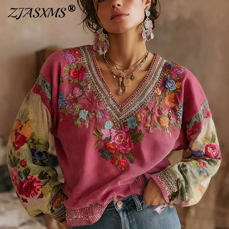 

Vintage Flower Printed Loose Blouse Shirts Elegant V Neck Woman Tops Pullover Autumn Long Sleeve Patchwork Blusas Harajuku Mujer