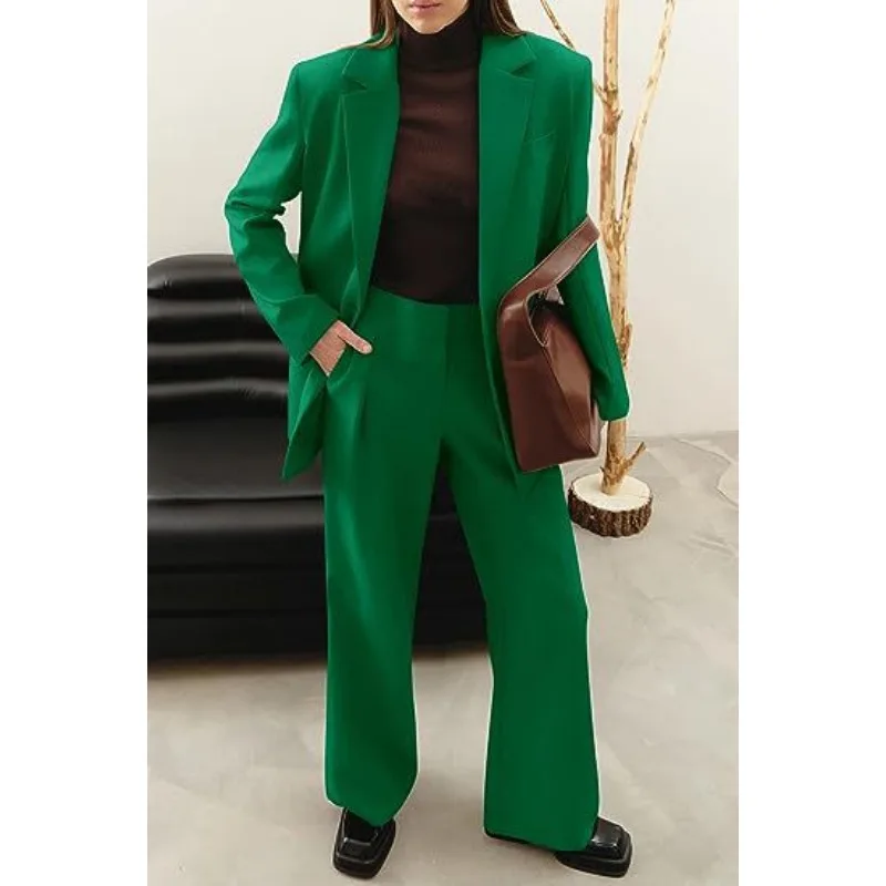 Herbst Winter Frauen Zwei Stück Set Büro Dame Blazer Anzug Outfits Langarm Revers One Button Jacke Mantel Breite Bein Hosen Set