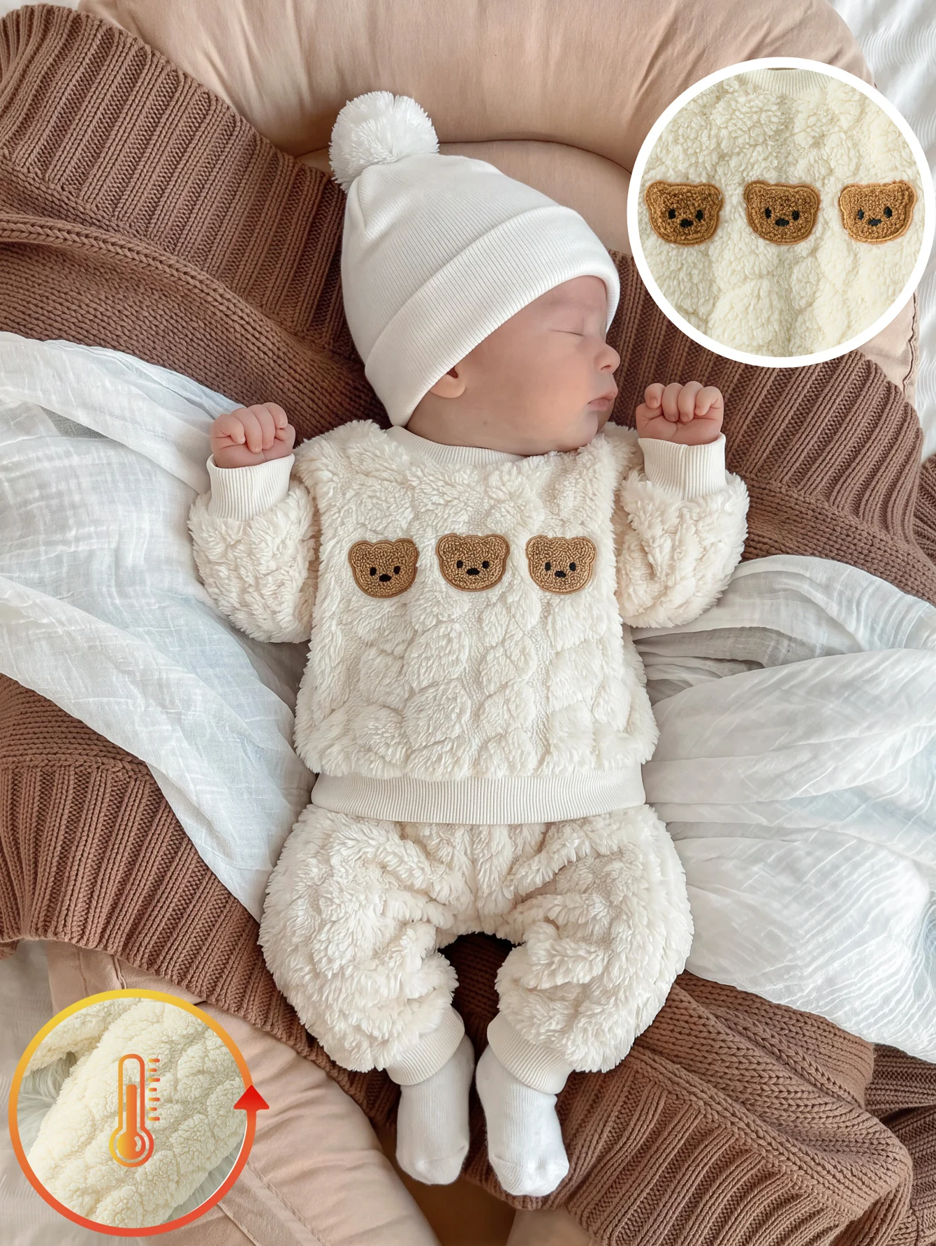 Conjunto de macacão e gorro de lã para recém-nascidos, 2 peças, macacão de manga comprida com bordado de ursinho, roupa macia e quente para crianças de 0 a 2 anos.