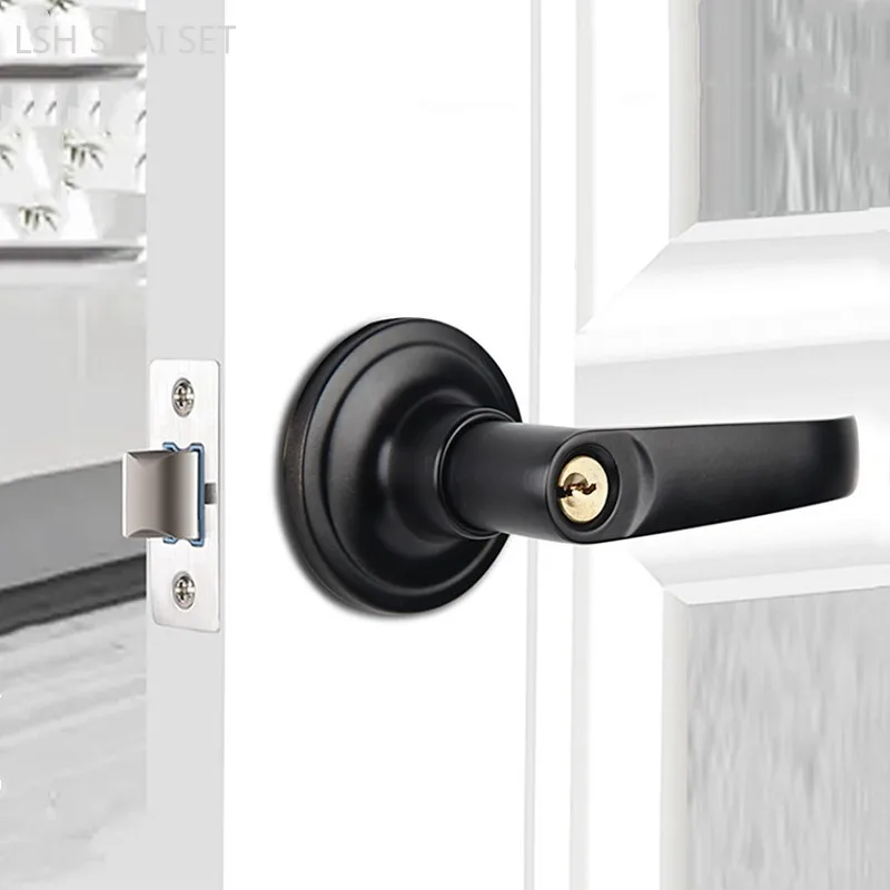 Black Stainless Steel Handle Lock Mute Bathroom Door Lock Indoor Single Tongue Door Lock Household Hardware Fittings