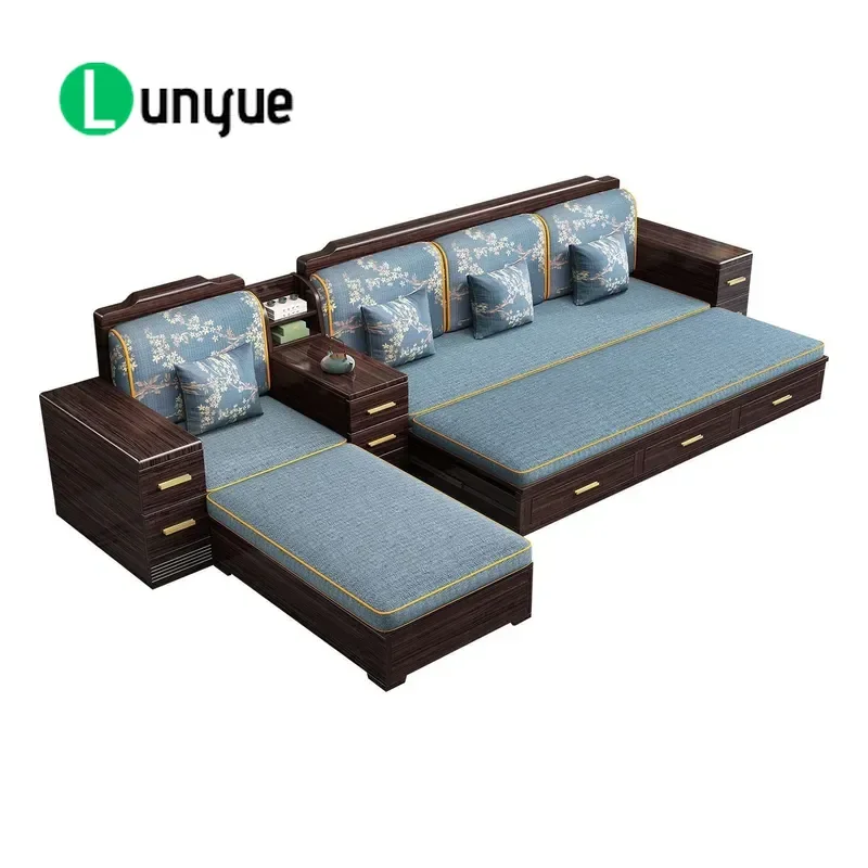 New Chinese Style Red Gold Sandalwood Sofa Bed Telescopic Living Room Furniture Multifunctional Drawer Pull Out Couch for
