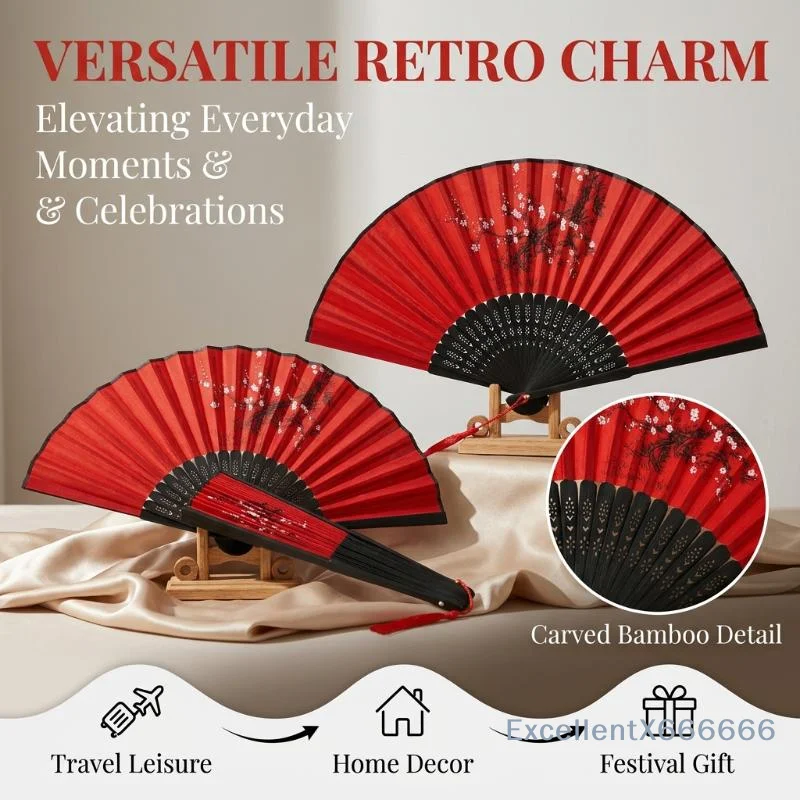 Chinese Red Plum Blossom Print Bamboo Folding Hand Fan Portable Handheld Fan with Tassel for Summer Cooling
