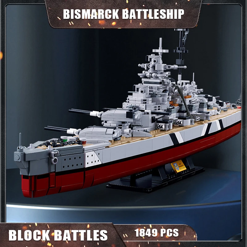 Military WW2 KMS Bismarck Battleship Large Boat Cruiser Model Weapon Building Blocks MOC Warship Set Toys for Children Gifts