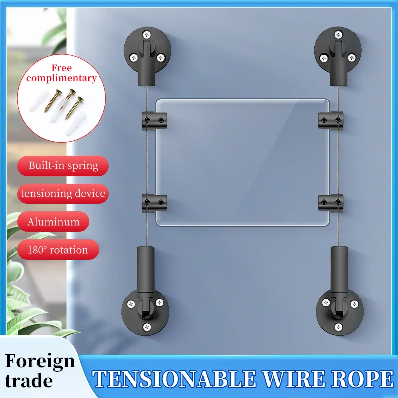 Black acrylic suspension kit, adjustable fixture with steel cable rope for hanging pictures/displays