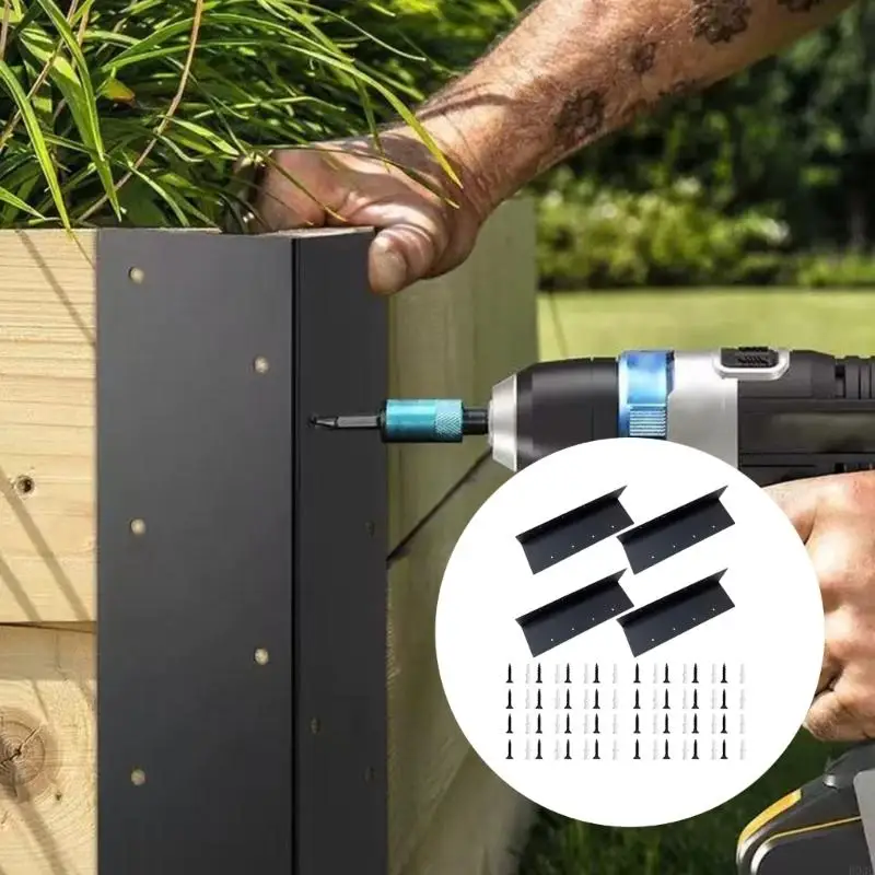 Gartenbox-Eckbeschläge, 4-teiliges Montageset aus schwarzem Metall in L-Form mit gebohrten Löchern für Hausgartenbau, B03E – Detail 3