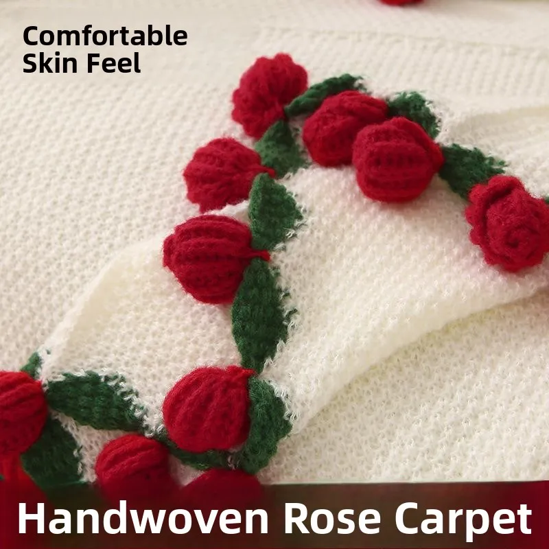 Handmade Knitted Rose Bouquet Blanket Afternoon Nap Flower Pattern Bedding Gift for Valentine's Day Simple Style All Seasons