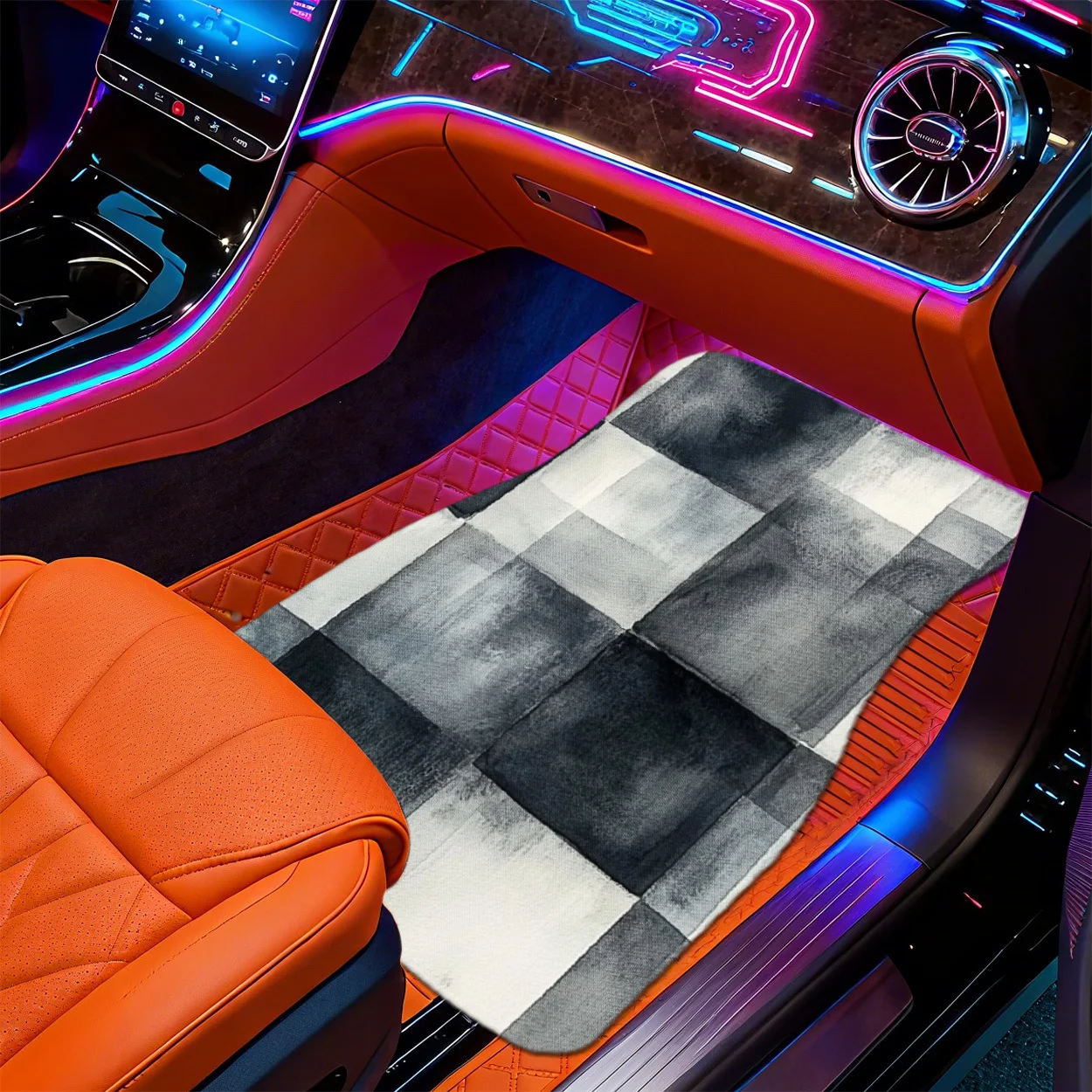4pcs Modern Minimalist Black And White Checkered Floor Mats | Durable Polyester Fiber, Non-Slip, Easy To Clean, Universal Fit Fo