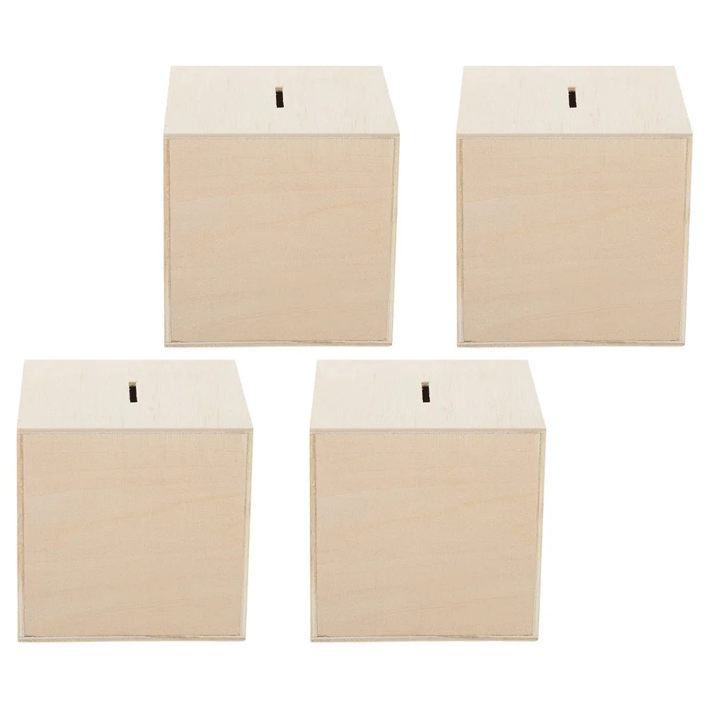 4 Pcs Children's Piggy Bank Money Simple Banks Cube for Kids Wooden Coin Case Storage Cases Blank