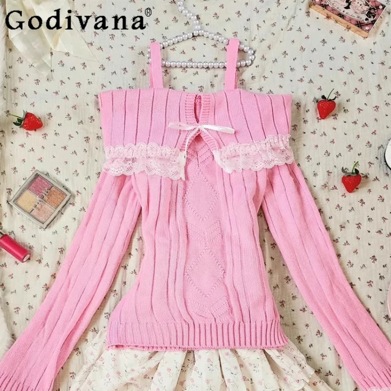 

Ladies Lolita Style Sweet Sweaters Original French Pink Lace Knitted Sweater Women's Long Sleeve Japanese Lace Sweater