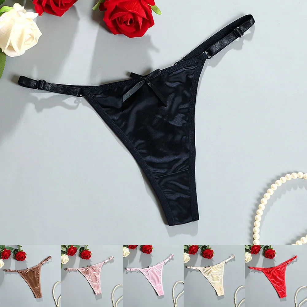 

Womens New Sexy Lingerie Satin String Seamless Soft Panties For Women Sexy Low Waist Bow Comfortable T Pants Brazilian Underwear