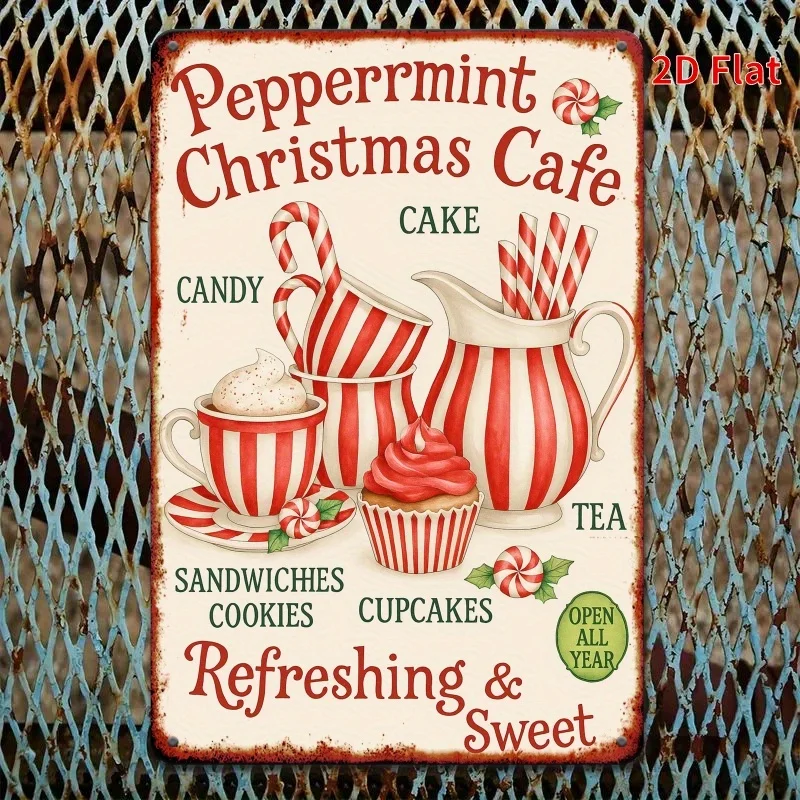 1pc Vintage Christmas Cafe Metal Wall Art - 8x12 Inch Rustic Iron Sign with Peppermint Theme, 
