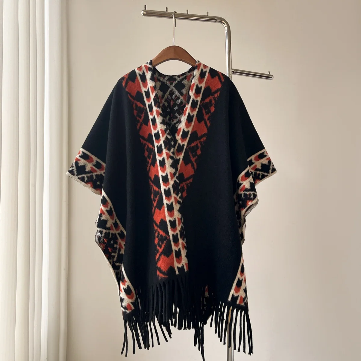 New Vintage Plaid Woolen-Feeling Air Conditioned Shawl Wrap Cowl Neck Coat Outerwear Tassel Warm Autumn Winter Shawl