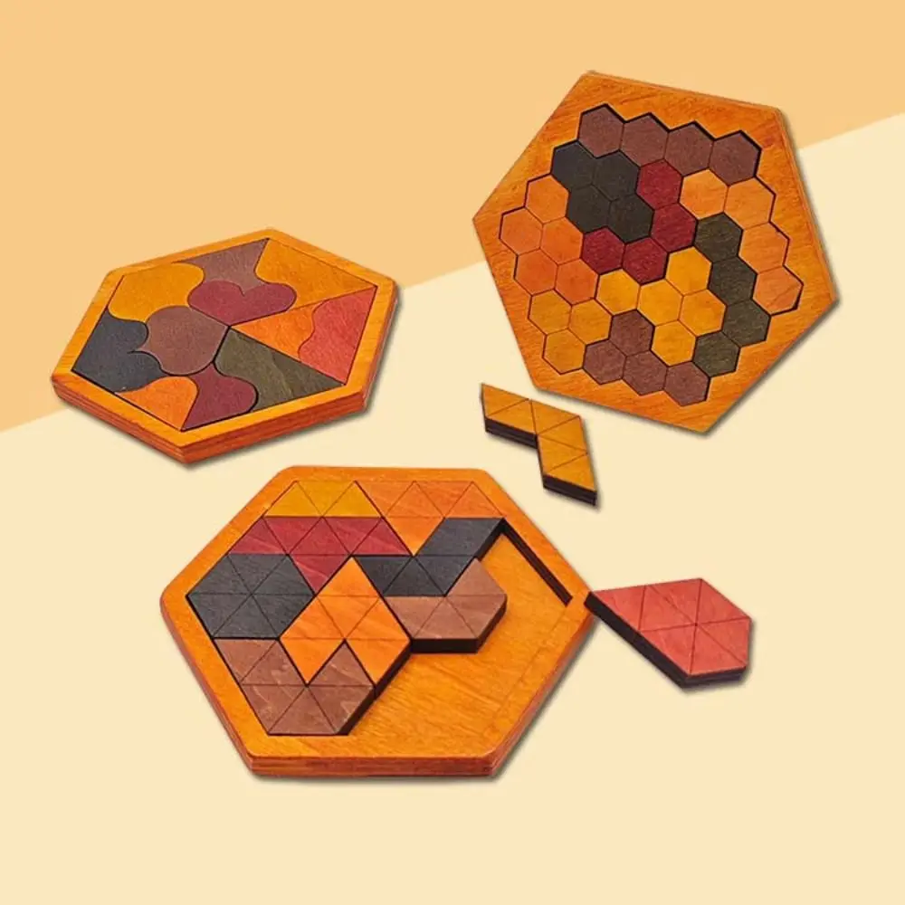 

Деревянная головоломка-танграм с узорами: развивающая интерактивная игрушка Монтессори для логического мышления, шестиугольная