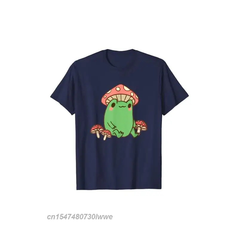 Frog With Mushroom Hat Cute Cottagecore Aesthetic T-Shirt Women's Funny Cute 100% Cotton Tops Graphic Tee Shirt Oversize