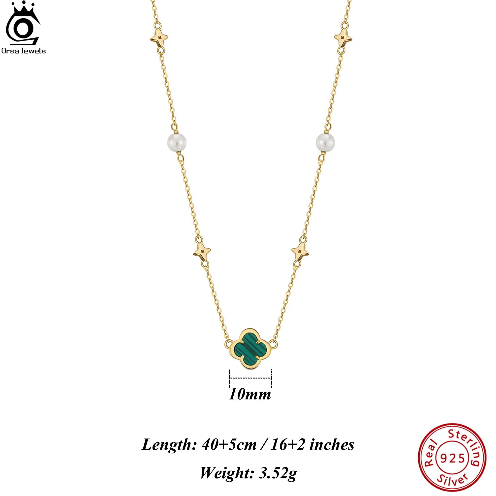 ORSA JEWELS Real 925 Sterling Silver Shell Pearl Strand Choker Necklace With Green Malachite Ornament Casual Wear for Her GMN62