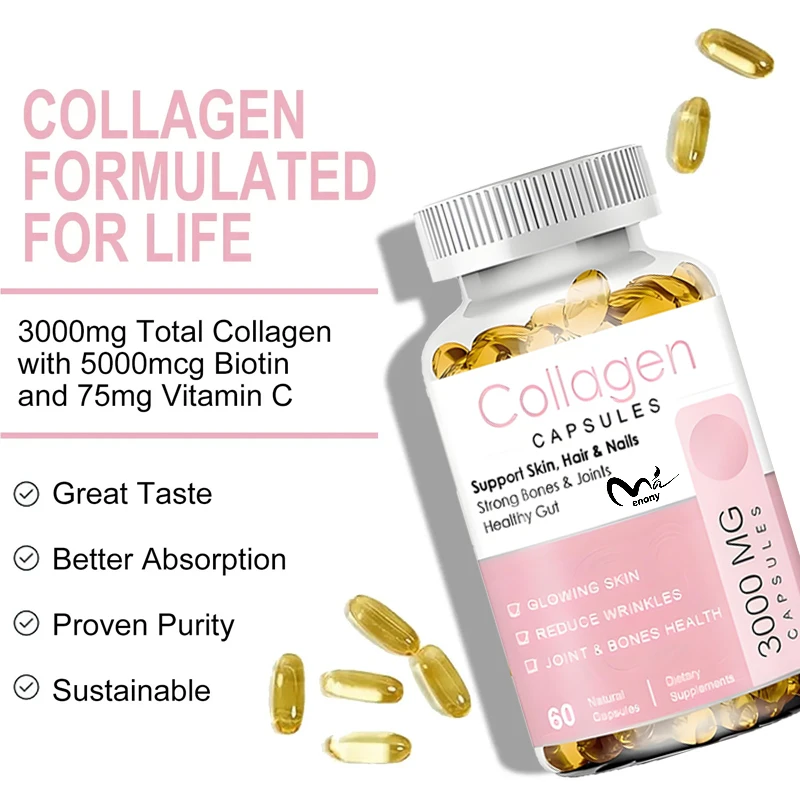 Capsule à haute absorption 3000mg de collagène, contient 5000mg de biotine et 75mg de vitamine C, soutien anti-âge pour la santé des cheveux, des ongles et de la peau