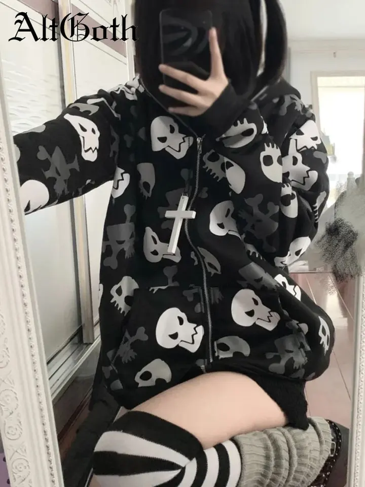 AltGoth Cyberpunk Y2k Sweatshirt Women Mall Goth Harajuku Skull
