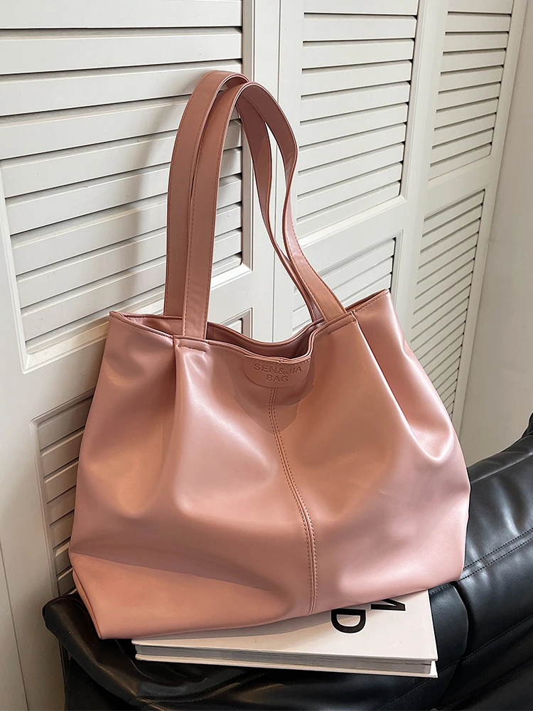 Pink PU High Capacity Tote Bag 2023 New Ladies Soft Leather Smooth Zipper Shoulder Bags Simple Versatile Commuter Class Handbag