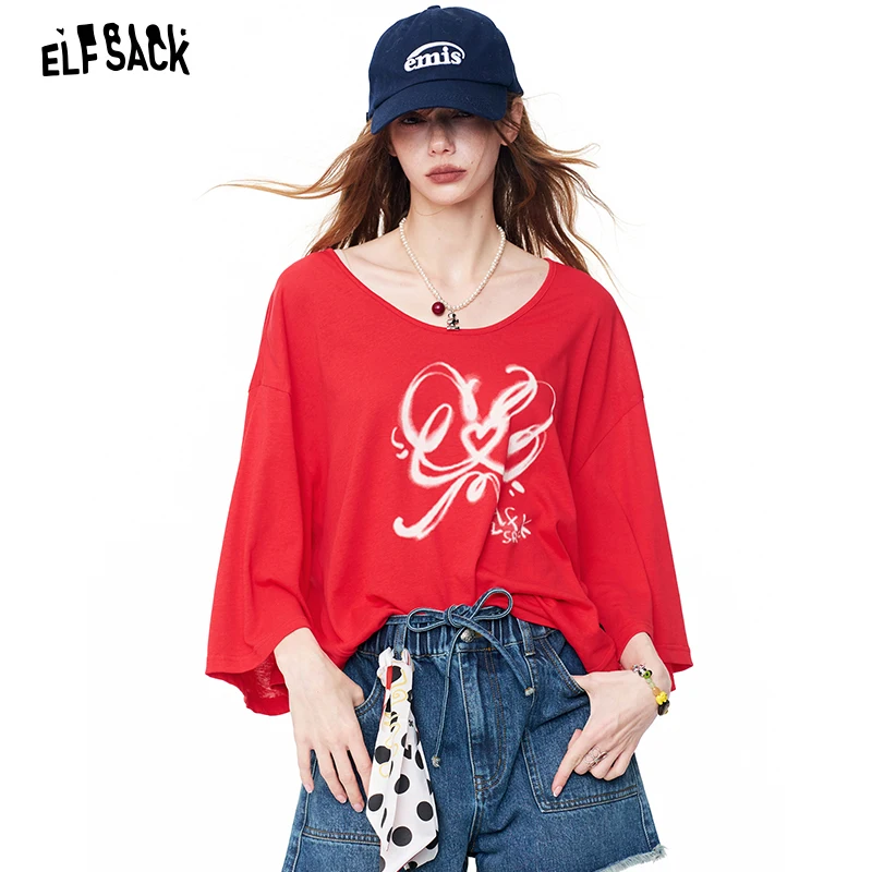 ELFSACK Oversized Half-Sleeve T-Shirt, Graffiti Heart Print Casual Loose Tee, Streetwear Y2K Top