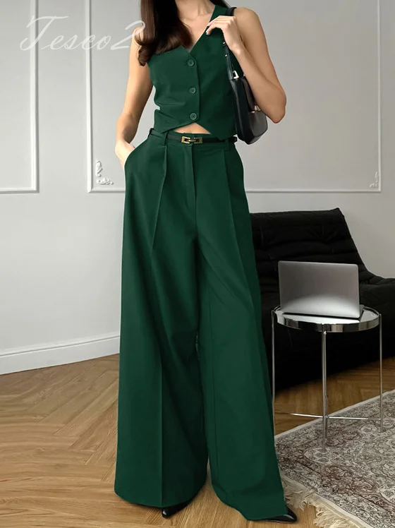 Tesco Vintage Dark Green Sleeveless Vest Wide Leg Pants 2 Piece Women\'s Office Lady Pants Sets Summer New In Matching Sets