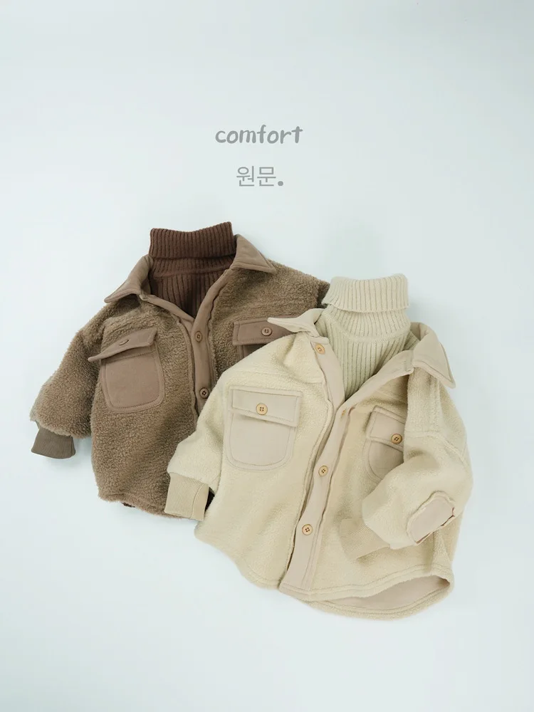 2024 Winter New Children Long Sleeve Lapel Polar Fleece Coat Boys Girls Plus Velvet Thick Warm Windproof Jacket Kids Clothes