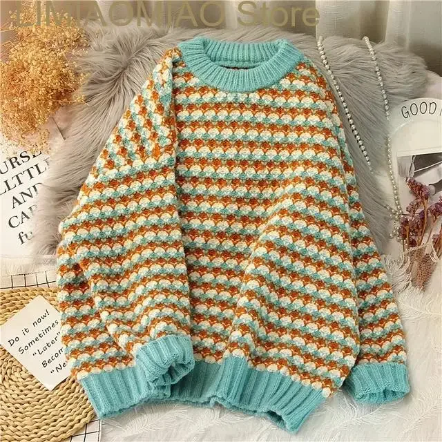 New Plaid Preppy Style O-Neck Chic Long Sleeve Acrylic Knitted Women Sweater Fashion Thick Pullover Sweaters Autumn Winter