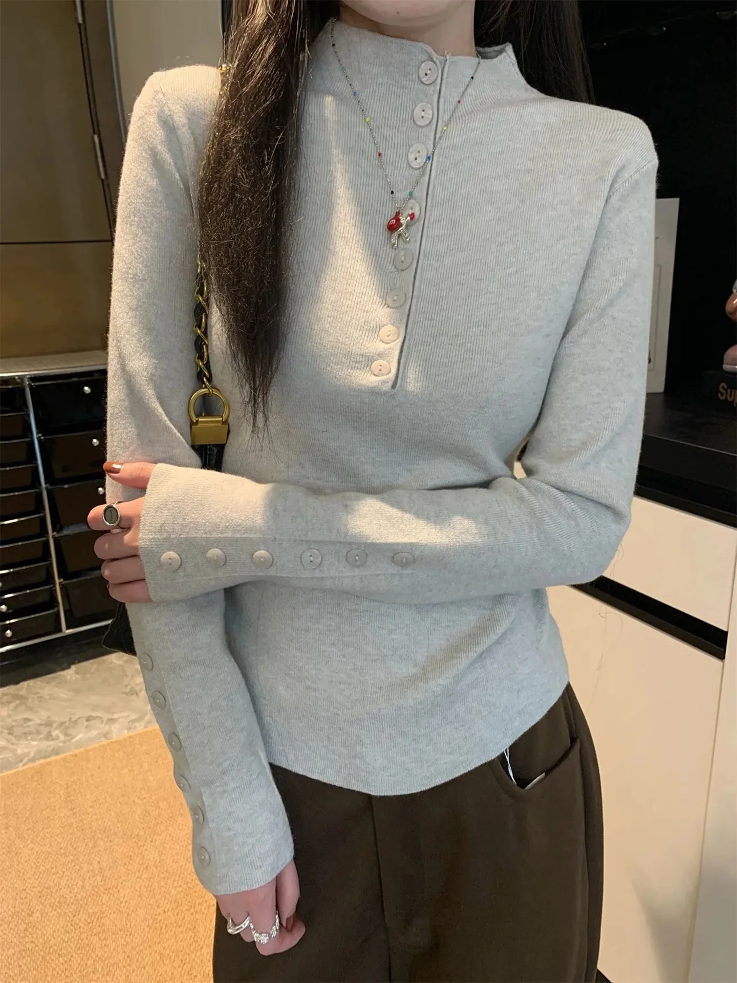 

mat Color Knitwear Women's Slim Fit High Waist Base irt Spring 2026 Commute Sle Soft Long Sve Korean Faion