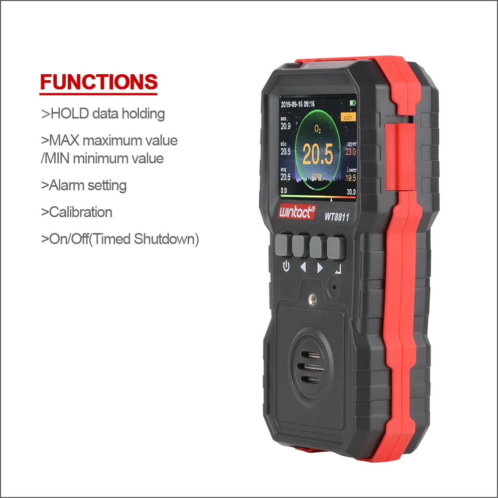 WT8811 Multi Gas Monitor Handheld Oxygen O2 Hydrogen Sulfide H2S Carbon Monoxide CO LEL Combustible Gas Leak Analyzer Data Alarm