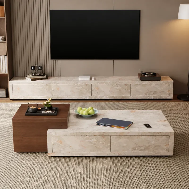 Travertine Stone Slab Retractable Coffee Table TV Cabinet Luxury Rectangular Center Table for Small Apartment Living Room