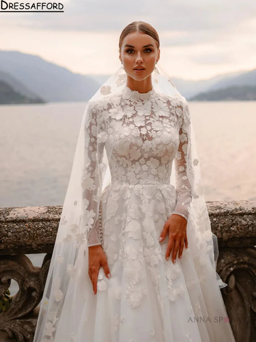 Elegant eine Linie Brautkleider Spitze Applikationen Langarm Brautkleider maßge schneiderte hochwertige Frauen Kleid