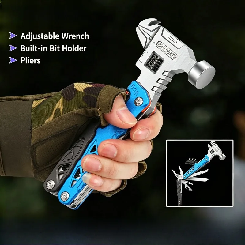 Multifunctional Outdoor Camping Multi-Tool Foldable Hammer with Adjustable Wrench, Pliers and Screwdriver Bits Outdoor Knife