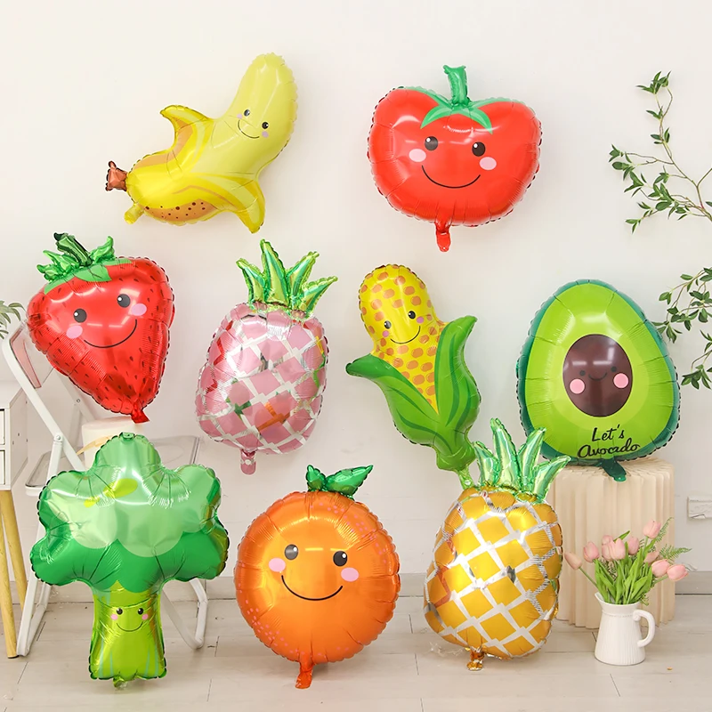 Globos temáticos de frutas y verduras, fresa, uva, plátano, naranja, maíz, zanahoria, tomate, brócoli, decoración de fiesta temática de frutas